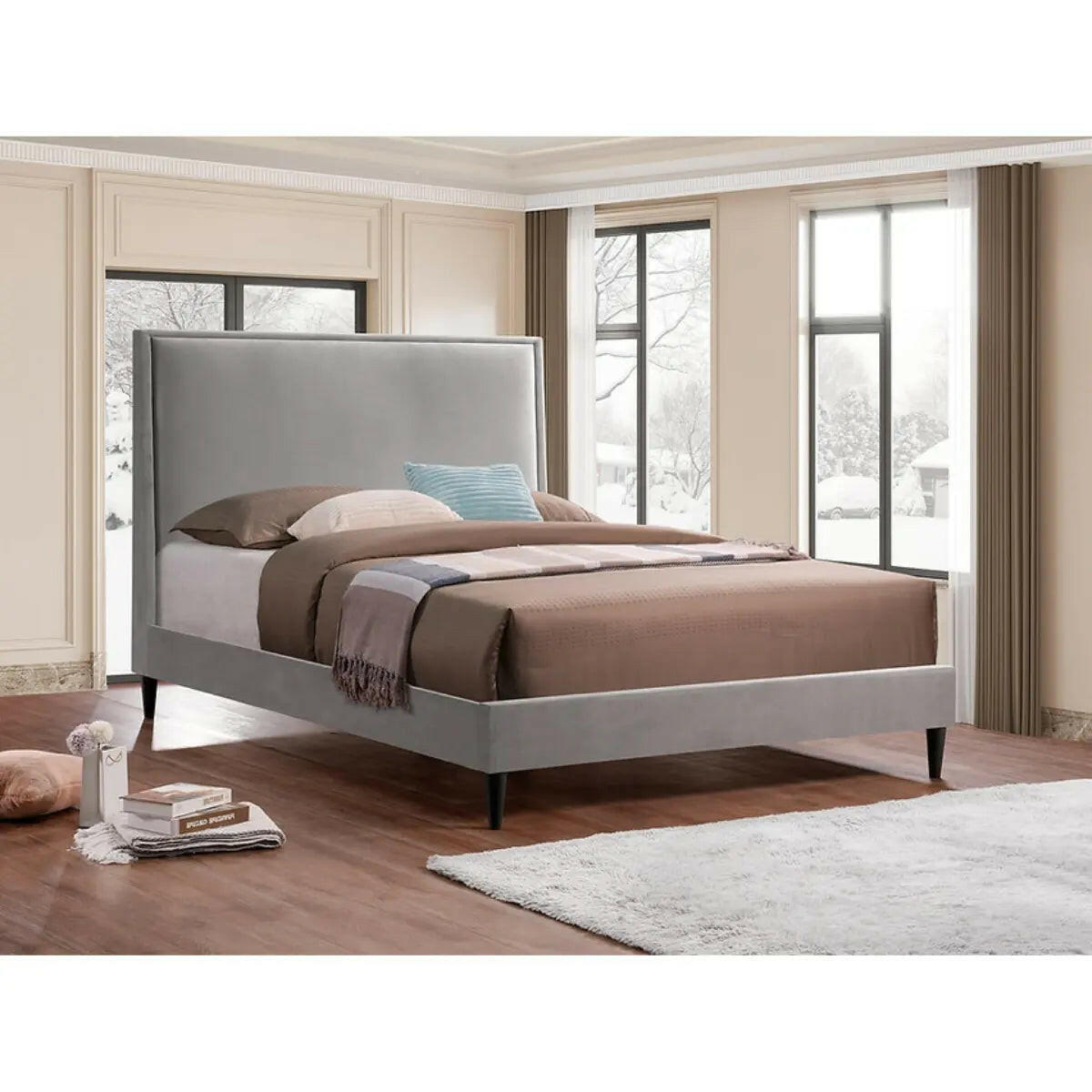 Grey IFF 5570 platform bed with a sleek, modern design and clean lines, shown in a contemporary bedroom setting.