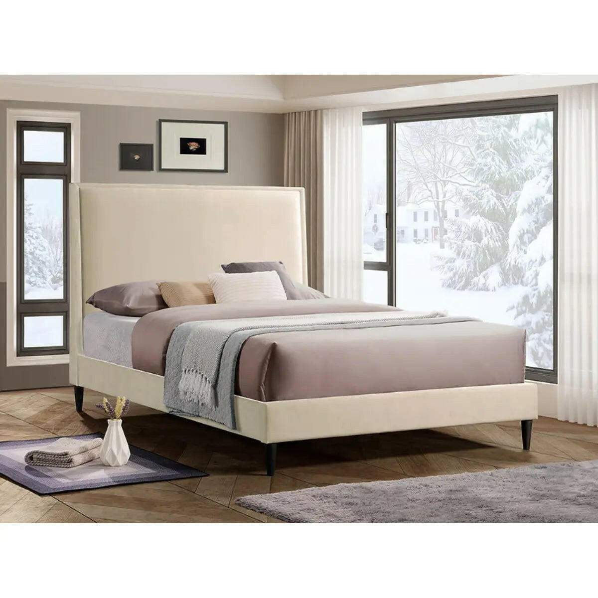 Beige IFF 5572 platform bed with a modern design and clean lines, shown from a side angle in a contemporary bedroom setting.