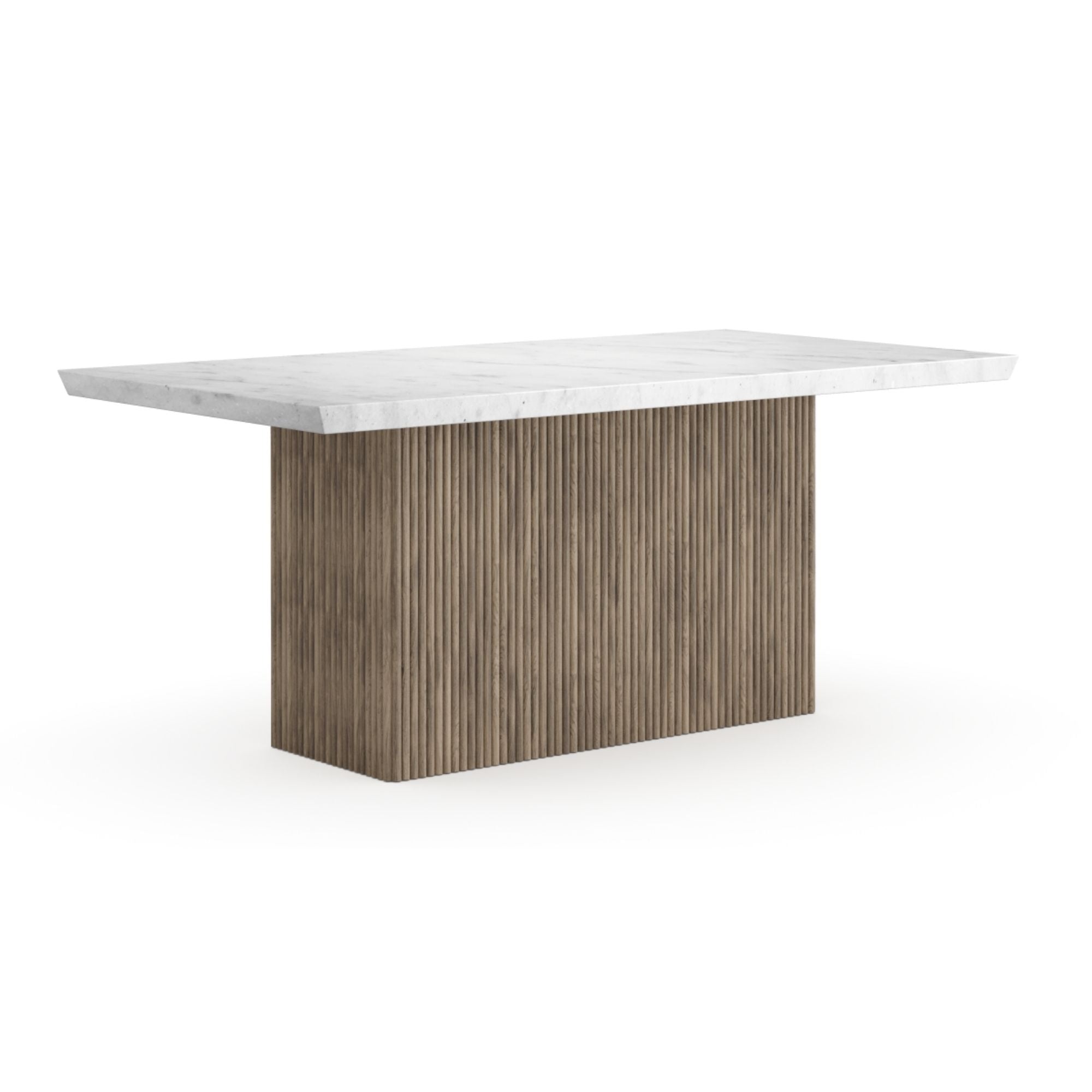 Brassex Messa rectangle marble dining table with grey wash finish, showcasing the sleek tabletop and sturdy legs.