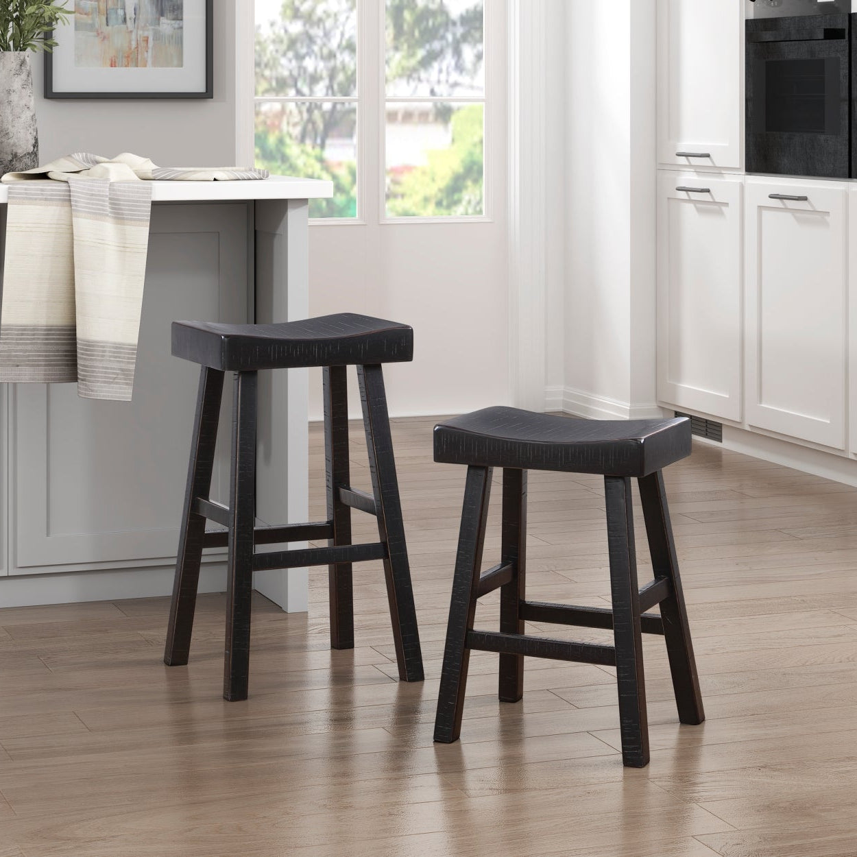 Black MAZ Caspian Collection pub height dining set with table and four chairs, modern design, sturdy wood construction.