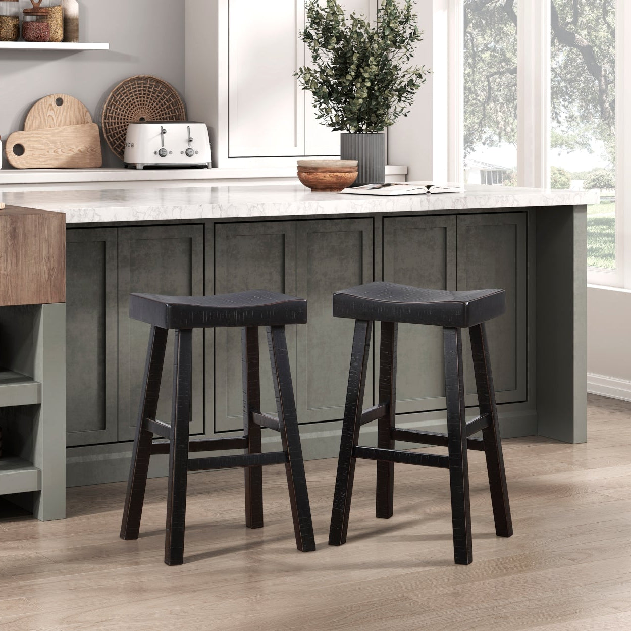 Black MAZ Caspian Collection pub height dining set with four chairs and a matching table, modern design for casual dining.