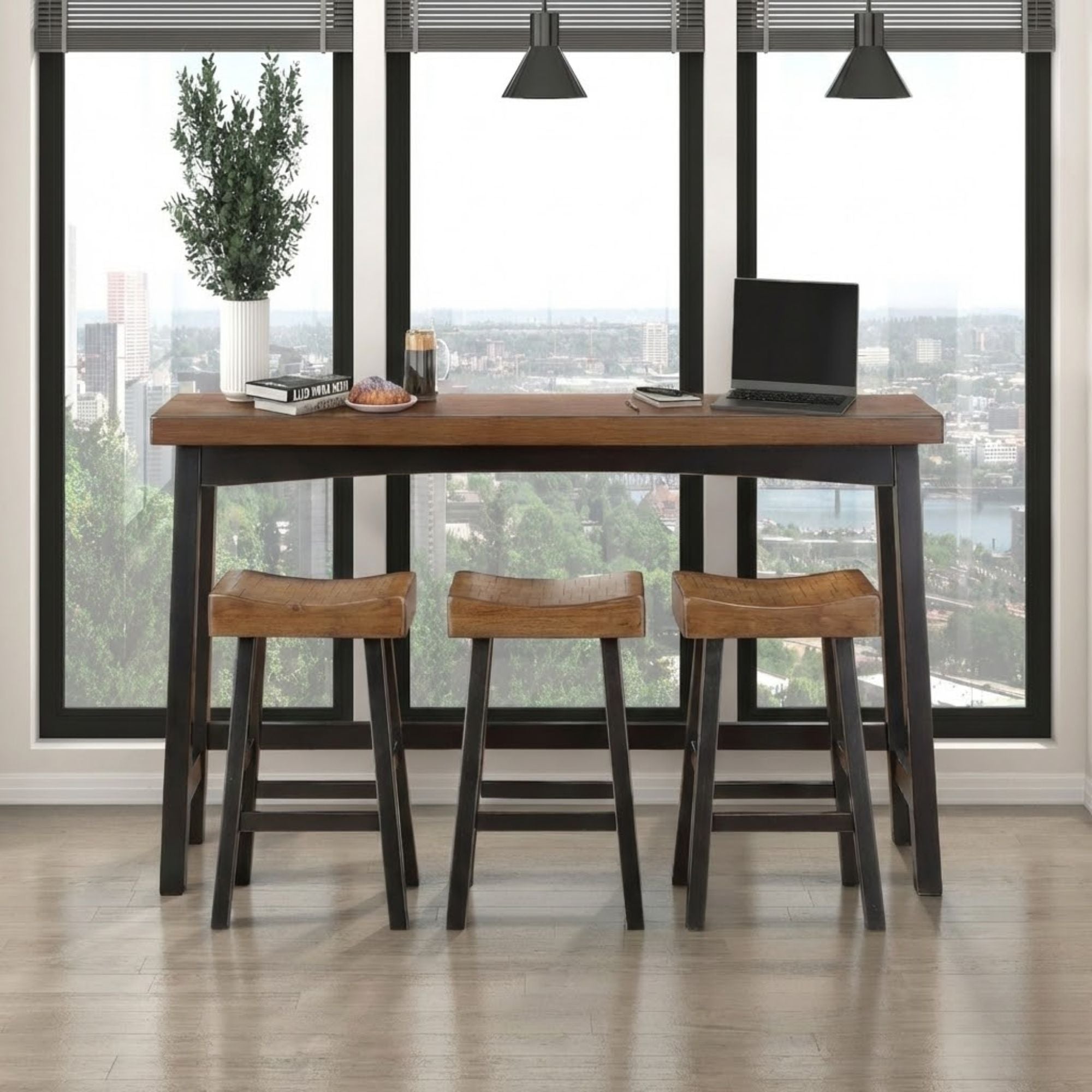 MAZ Caspian Collection black and brown dining counter height set with table and matching stools, modern and stylish for kitchen or bar area.