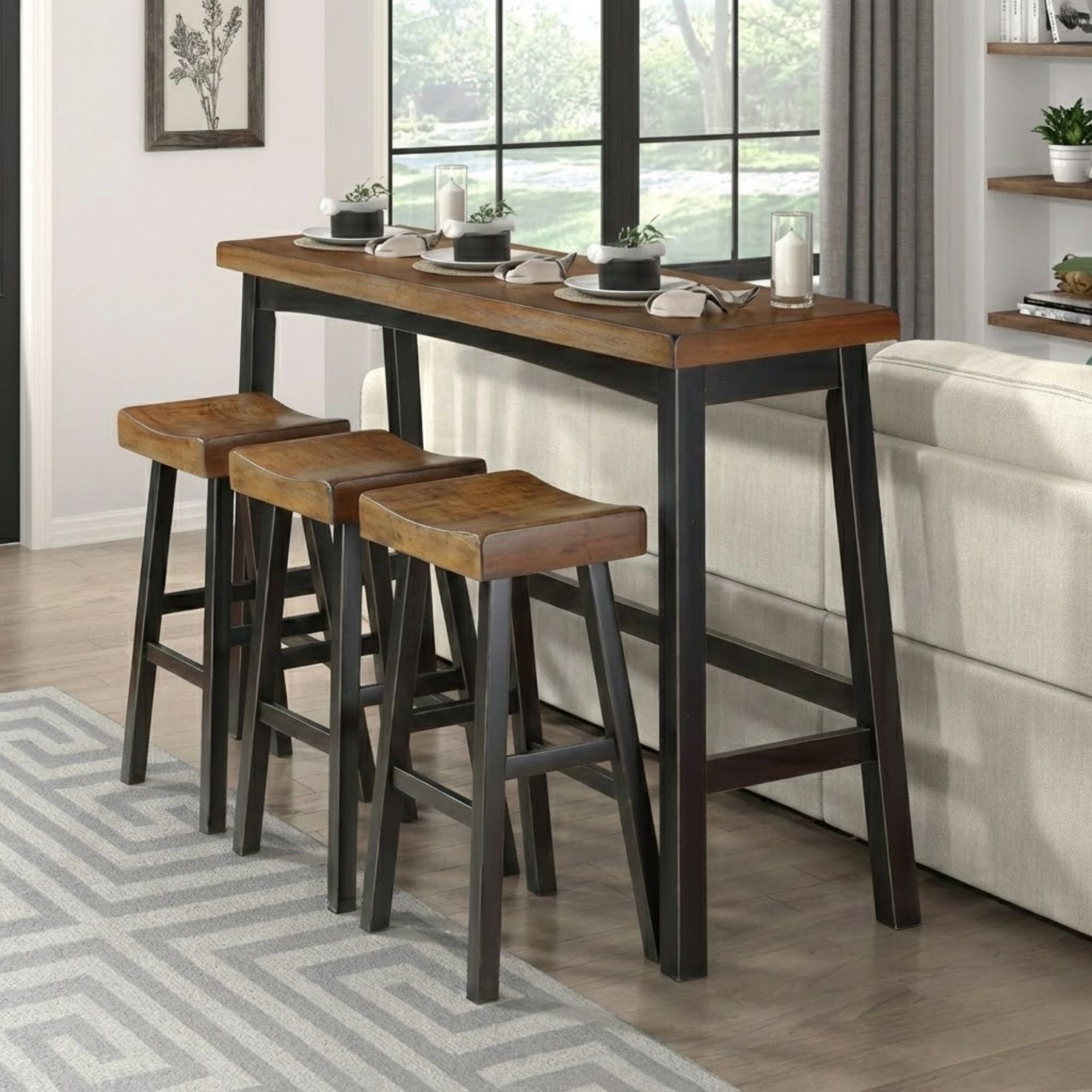 Maz Caspian Collection black and brown counter height dining set with four chairs and a table, modern and stylish for kitchen or bar area.