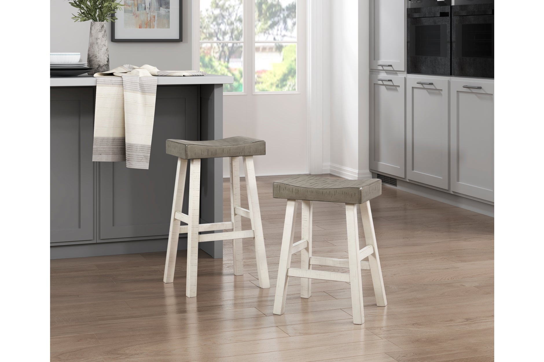 MAZ Caspian Collection pub height dining set with grey and white finish, includes matching table and chairs for casual dining.