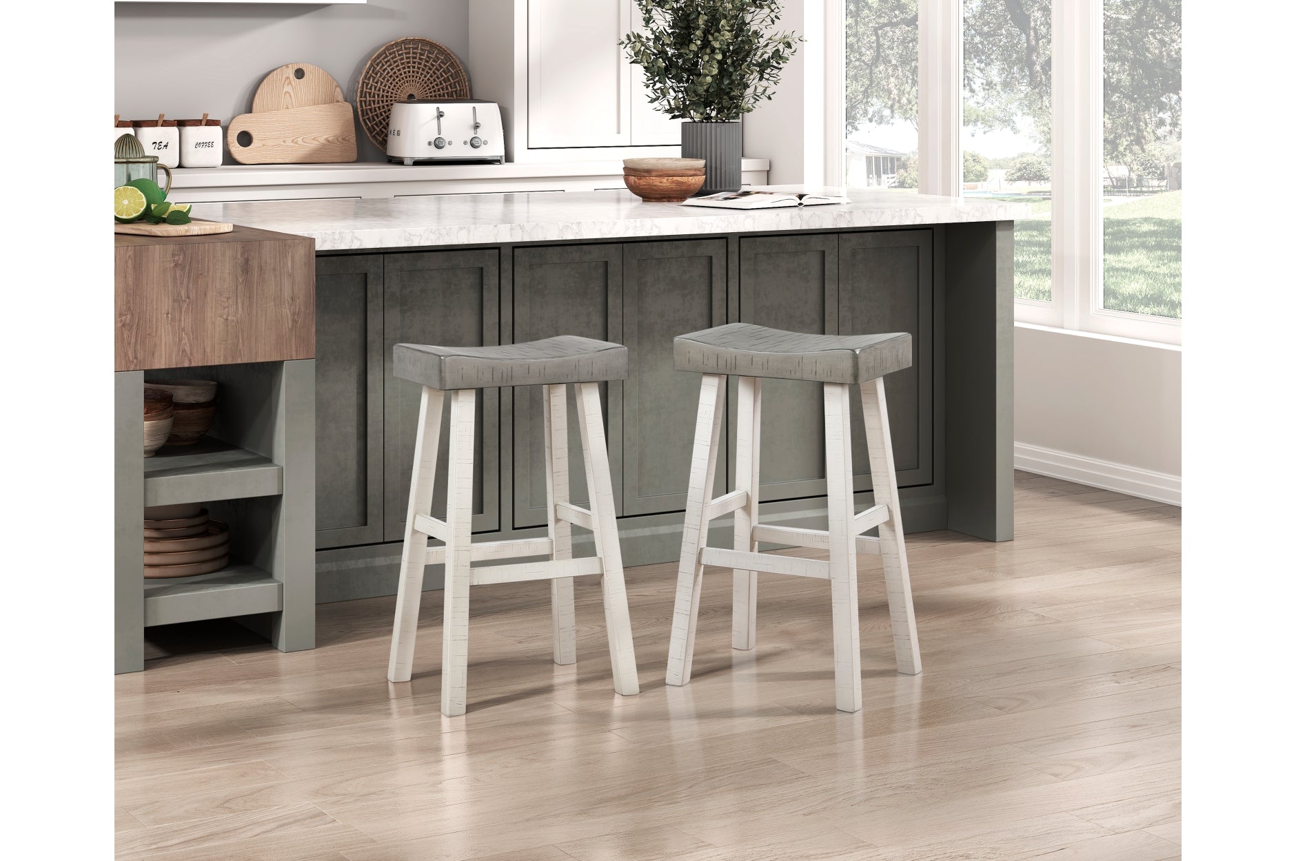 MAZ Caspian Collection pub height dining set with grey and white finish, includes table and matching chairs, modern home furniture.