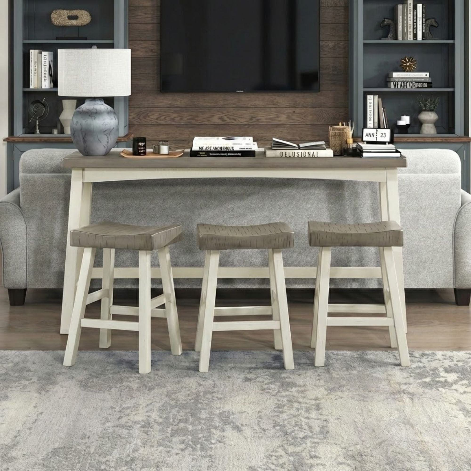 MAZ Caspian Collection pub height dining set with grey and white finish, includes table and matching chairs, modern home furniture