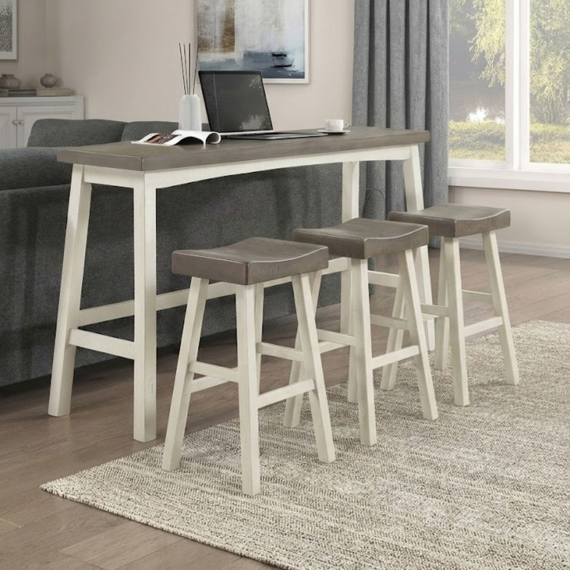 MAZ Caspian Collection pub height dining set with grey and white finish, includes table and matching chairs, in modern style.