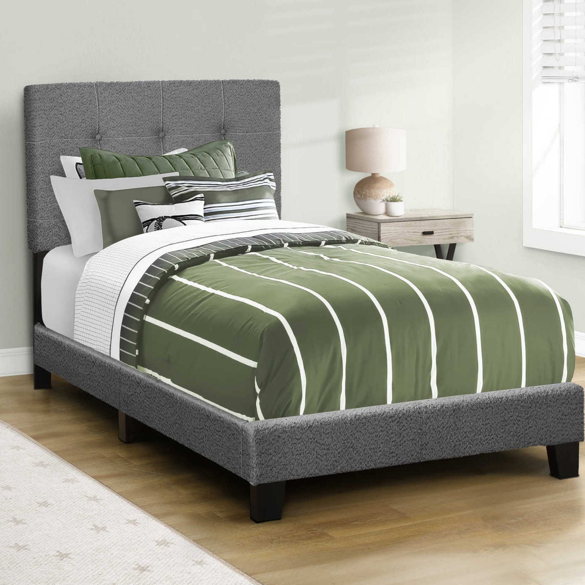Grey Bouclé Tufted Twin Bed Frame