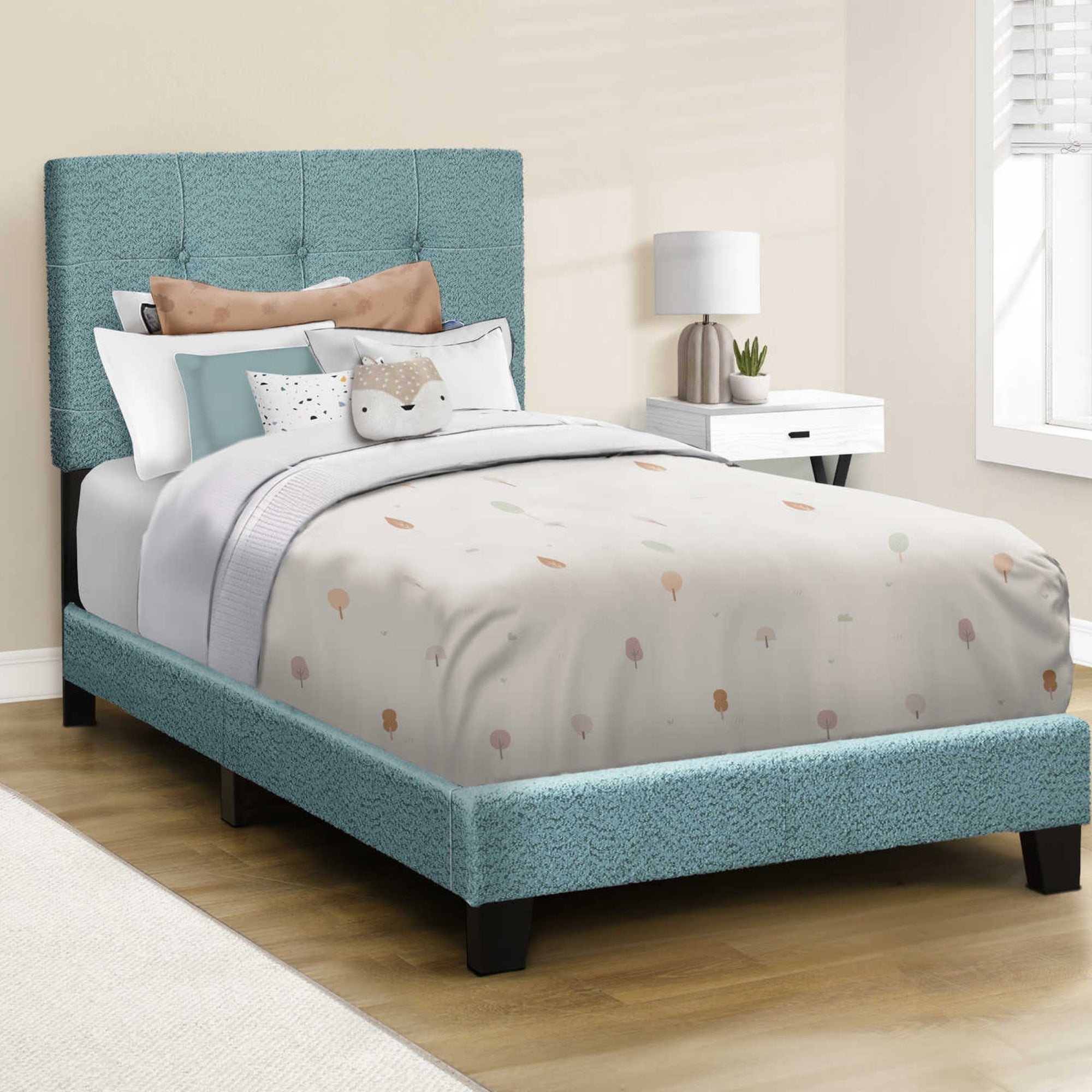 Light Blue Bouclé Tufted Twin Bed Frame