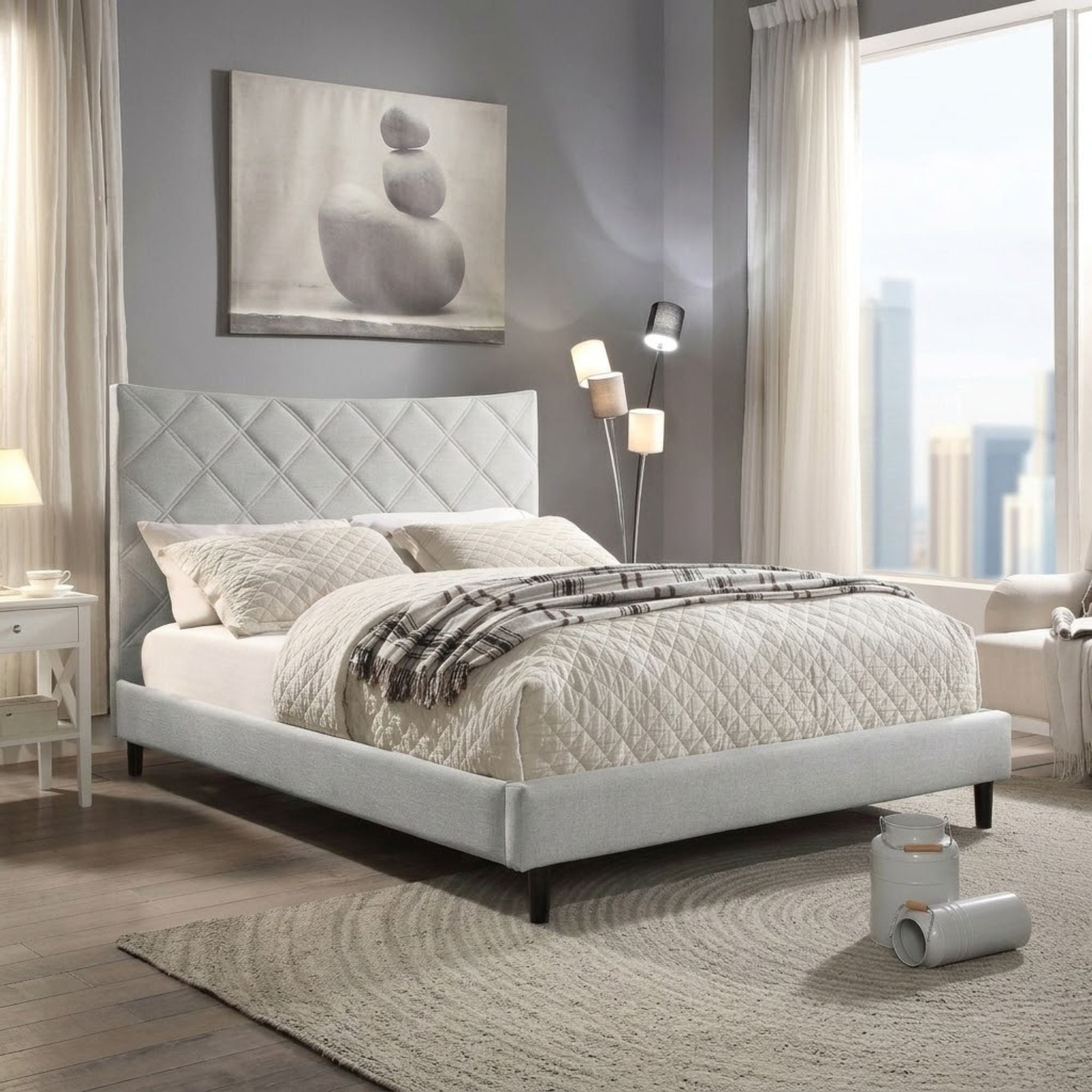 Beige Rosemary Collection platform bed by M.A.F with a modern design, featuring a sturdy frame and a stylish headboard.