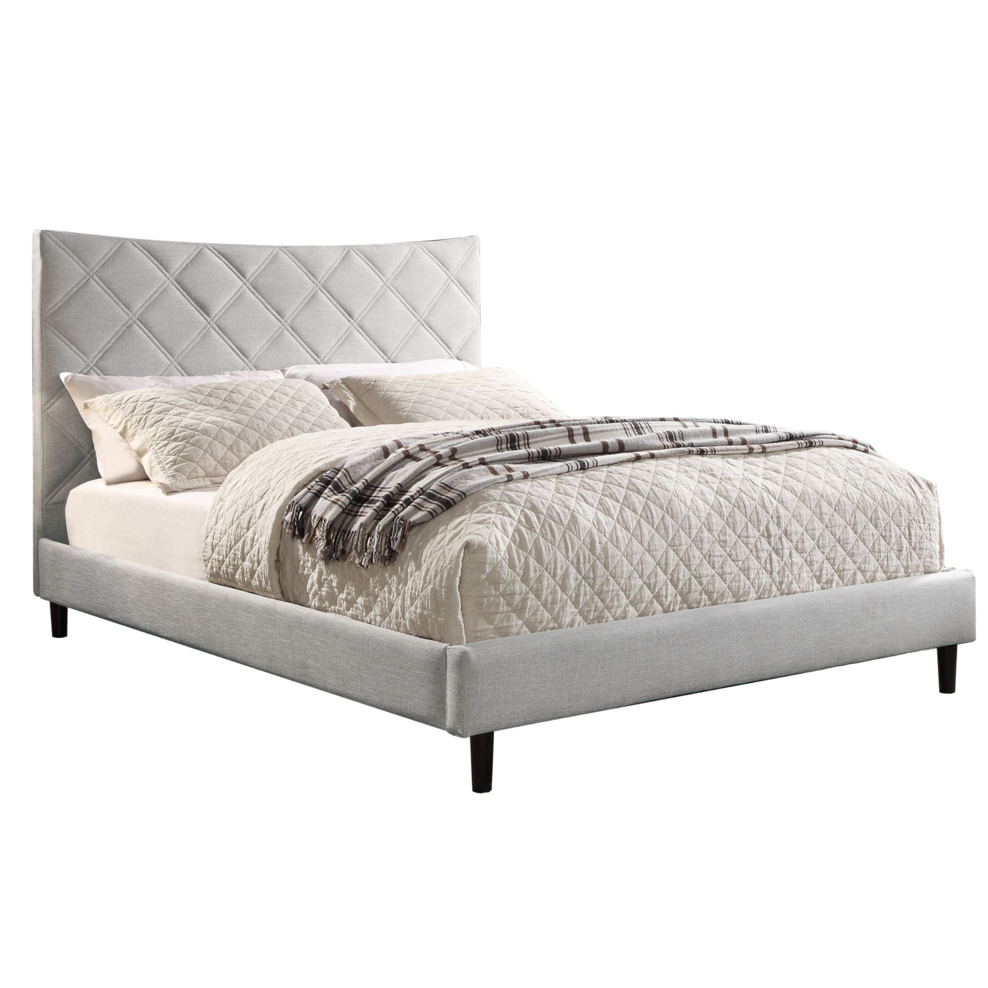 Beige Rosemary Collection platform bed by M.A.F with a modern design and clean lines, featuring a sturdy wooden frame and upholstered headboard.