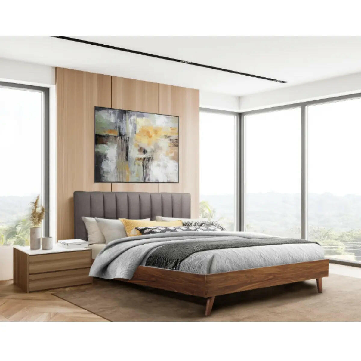 MAZ Sasha Collection platform bed in gray, featuring a modern design with a sturdy frame and sleek headboard.