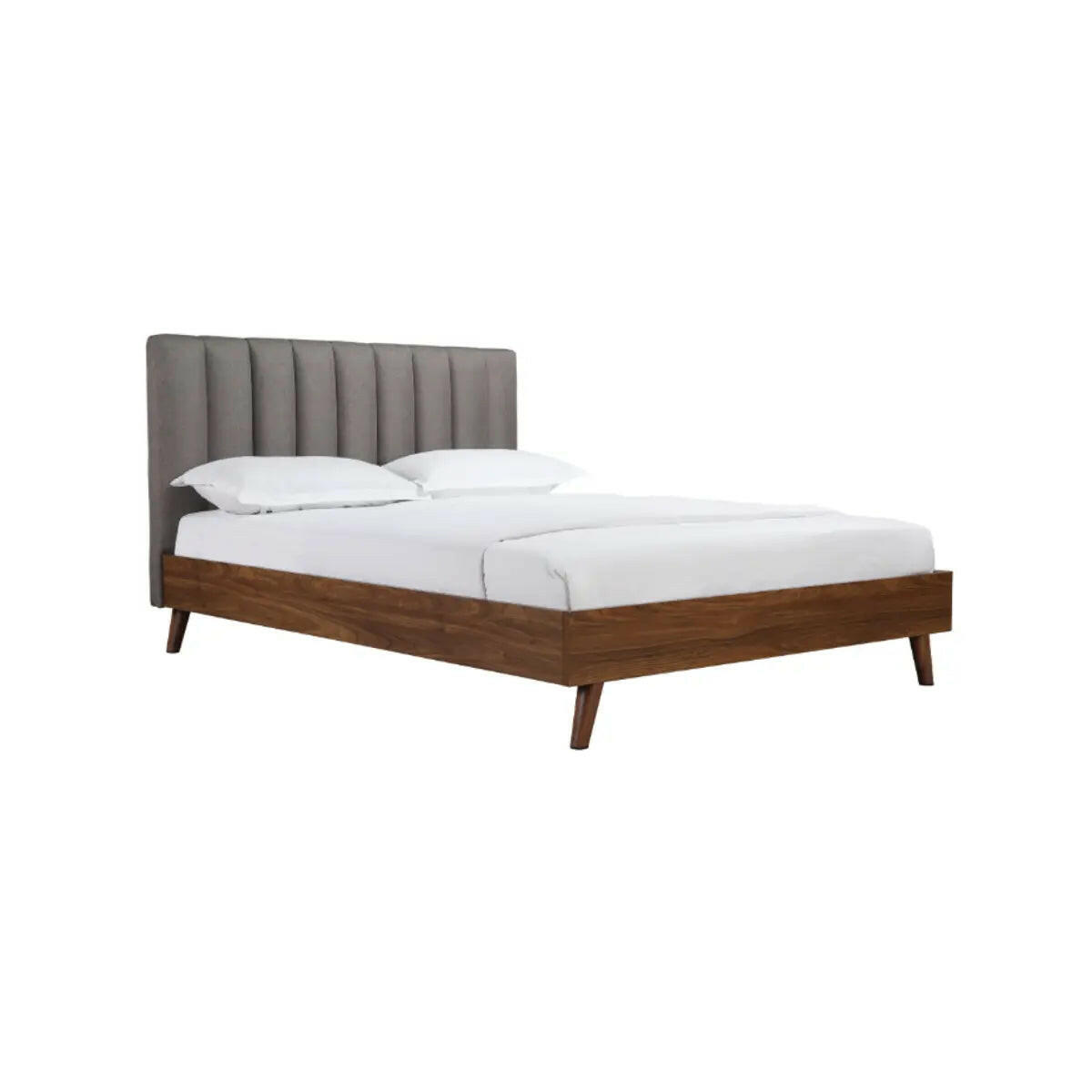 MAZ Sasha Collection platform bed in gray fabric, showcasing a modern bed frame with clean lines and plush headboard design.