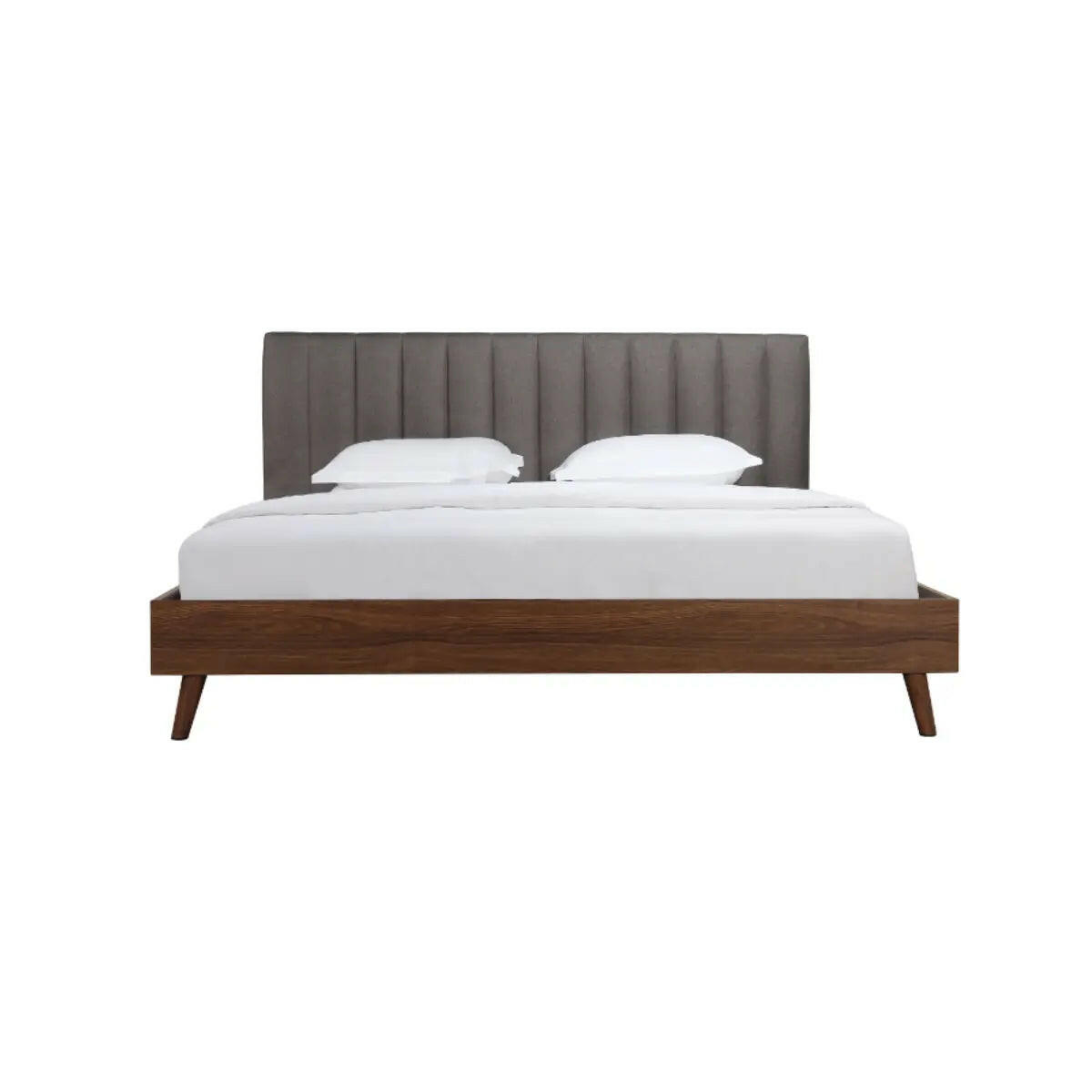 MAZ Sasha Collection platform bed in gray with sleek modern design and wooden legs, showcasing a close-up of the bed frame.