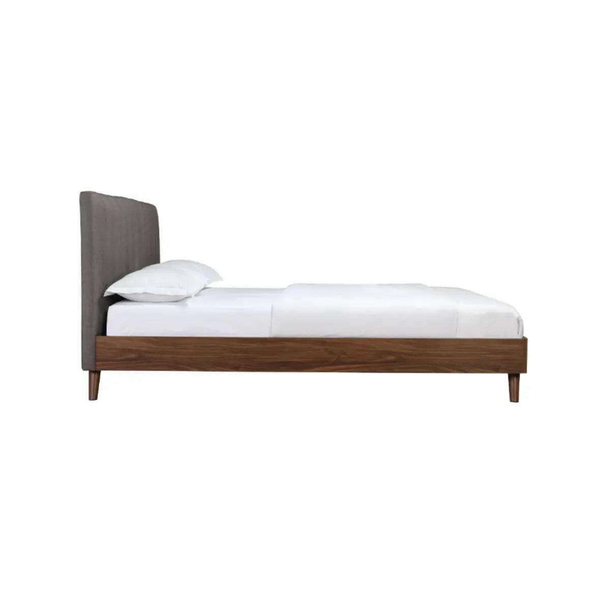 Gray MAZ Sasha Collection platform bed with a modern design and upholstered headboard, shown from a side angle.