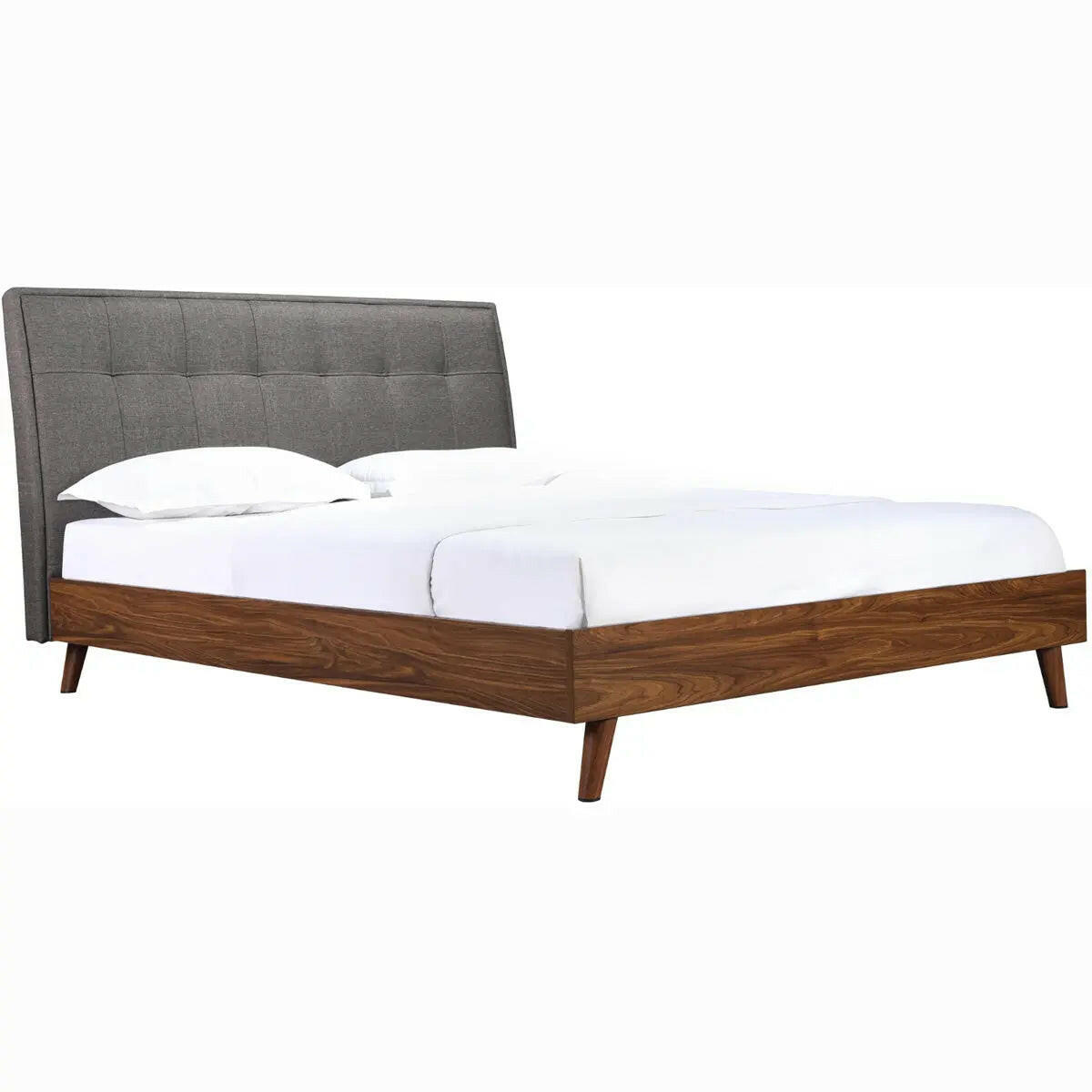 MAZ Fletcher Todros platform bed in gray with a modern design, shown in a bedroom setting with a white headboard and clean lines.
