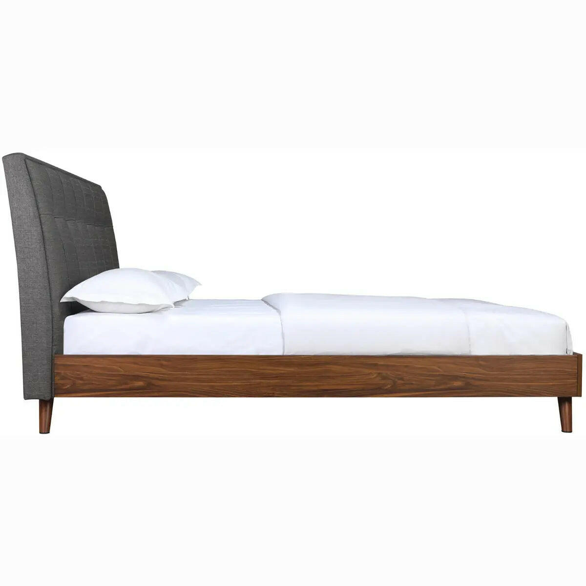Gray Fletcher Todros platform bed by MAZ with a modern design, shown in a bedroom setting with a white headboard and clean lines.