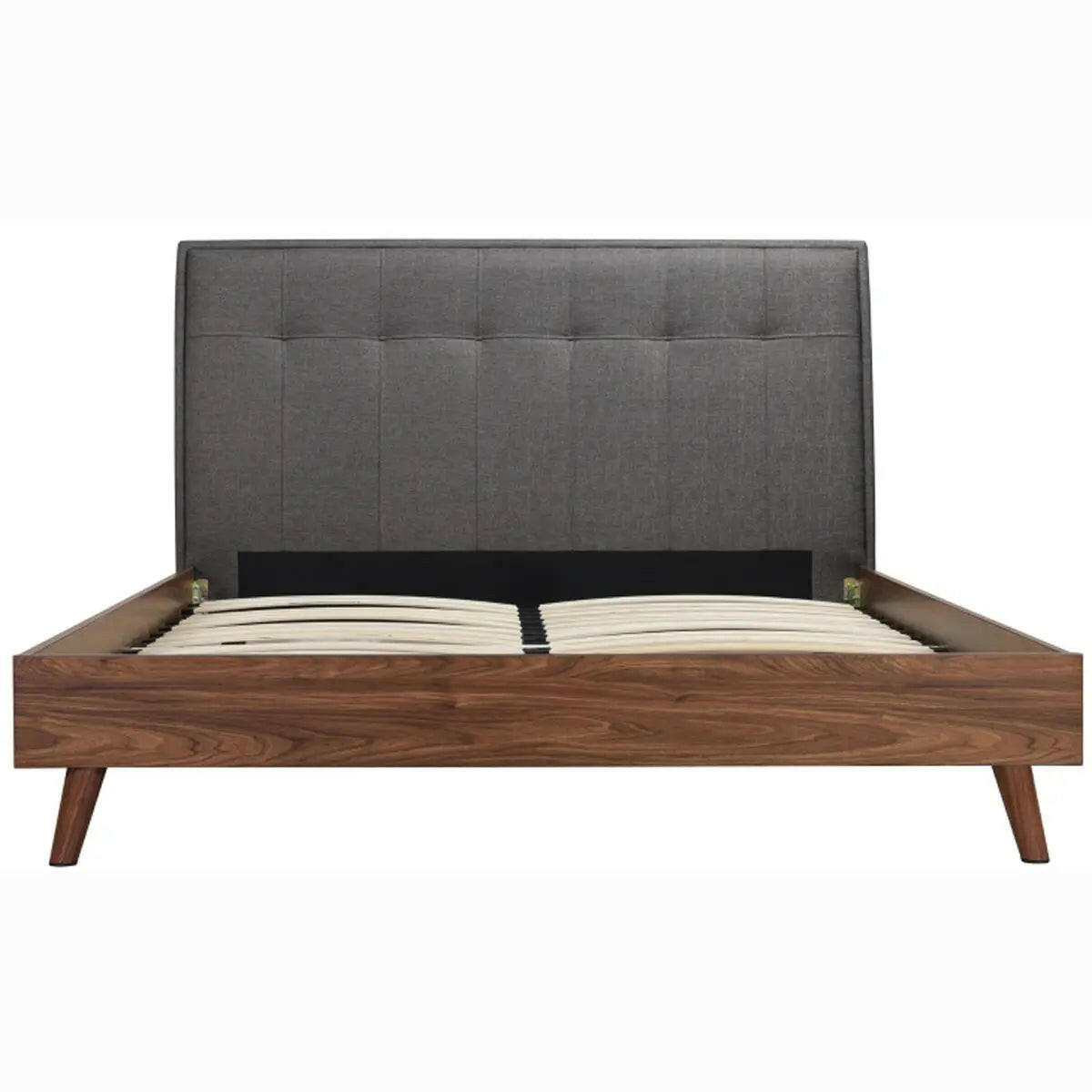 Gray MAZ Fletcher Todros platform bed with a modern design and clean lines, shown in a queen size frame with a wooden headboard.