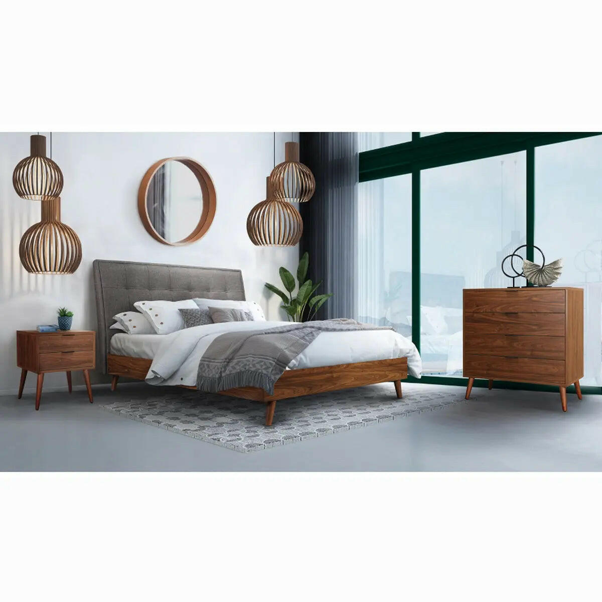 MAZ Fletcher Todros platform bed in gray with sleek wooden legs, showcasing modern design and sturdy construction.