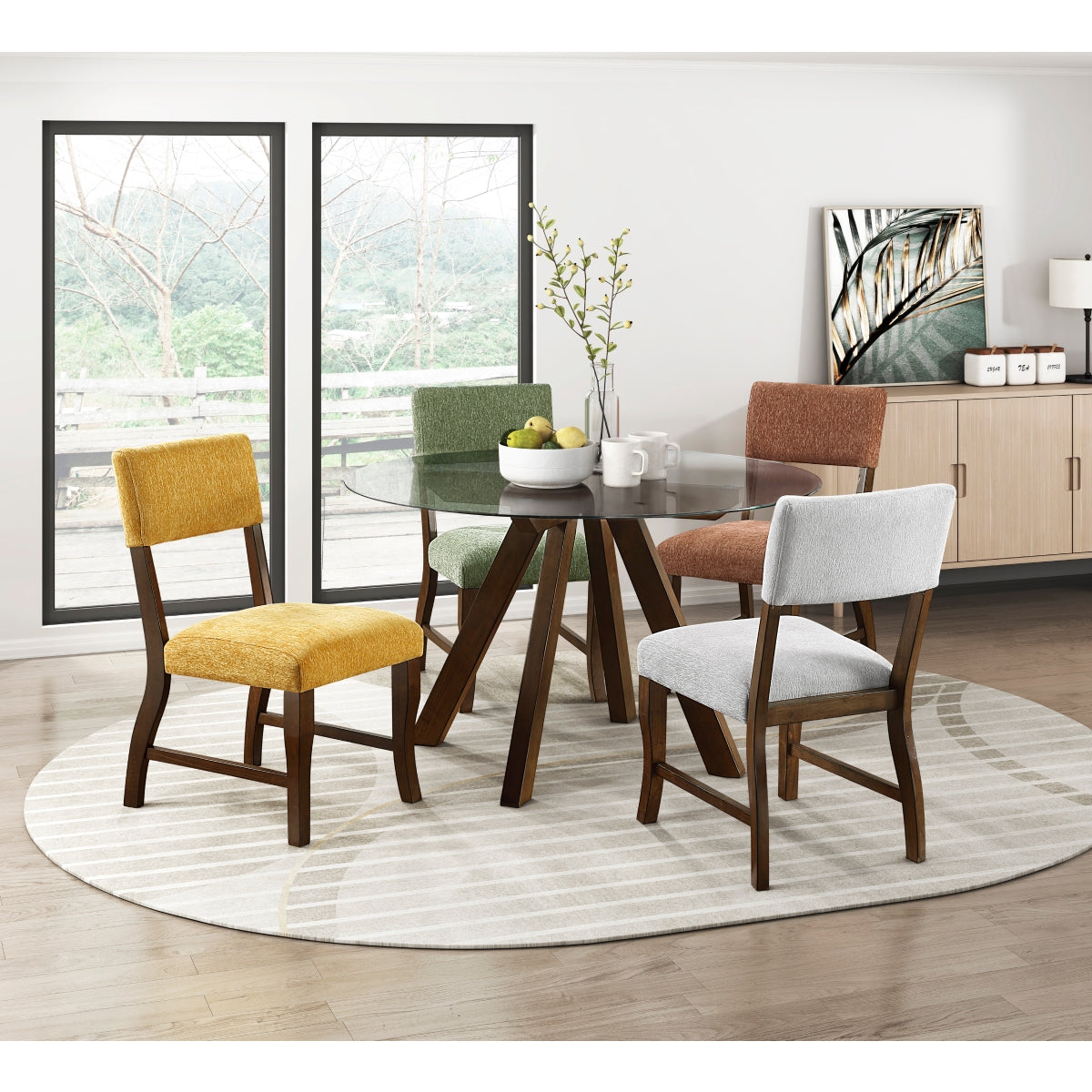 Set of two MAZ Aiden Collection Rust dining chairs with wooden legs and upholstered seats, shown from a side and front view.