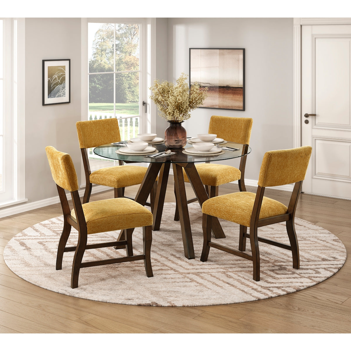 Set of 2 MAZ Aiden Collection mustard dining chairs with sleek design and wooden legs, perfect for modern dining rooms.