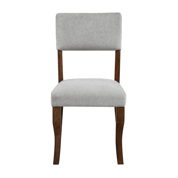 Set of two MAZ Aiden Collection gray dining chairs with sleek, modern design and wooden legs, shown from the front.