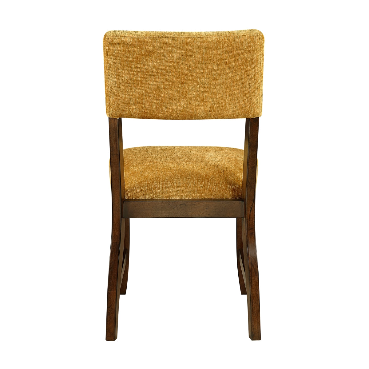 Set of two MAZ Aiden Collection mustard dining chairs with wooden legs, shown from the back in a natural setting.
