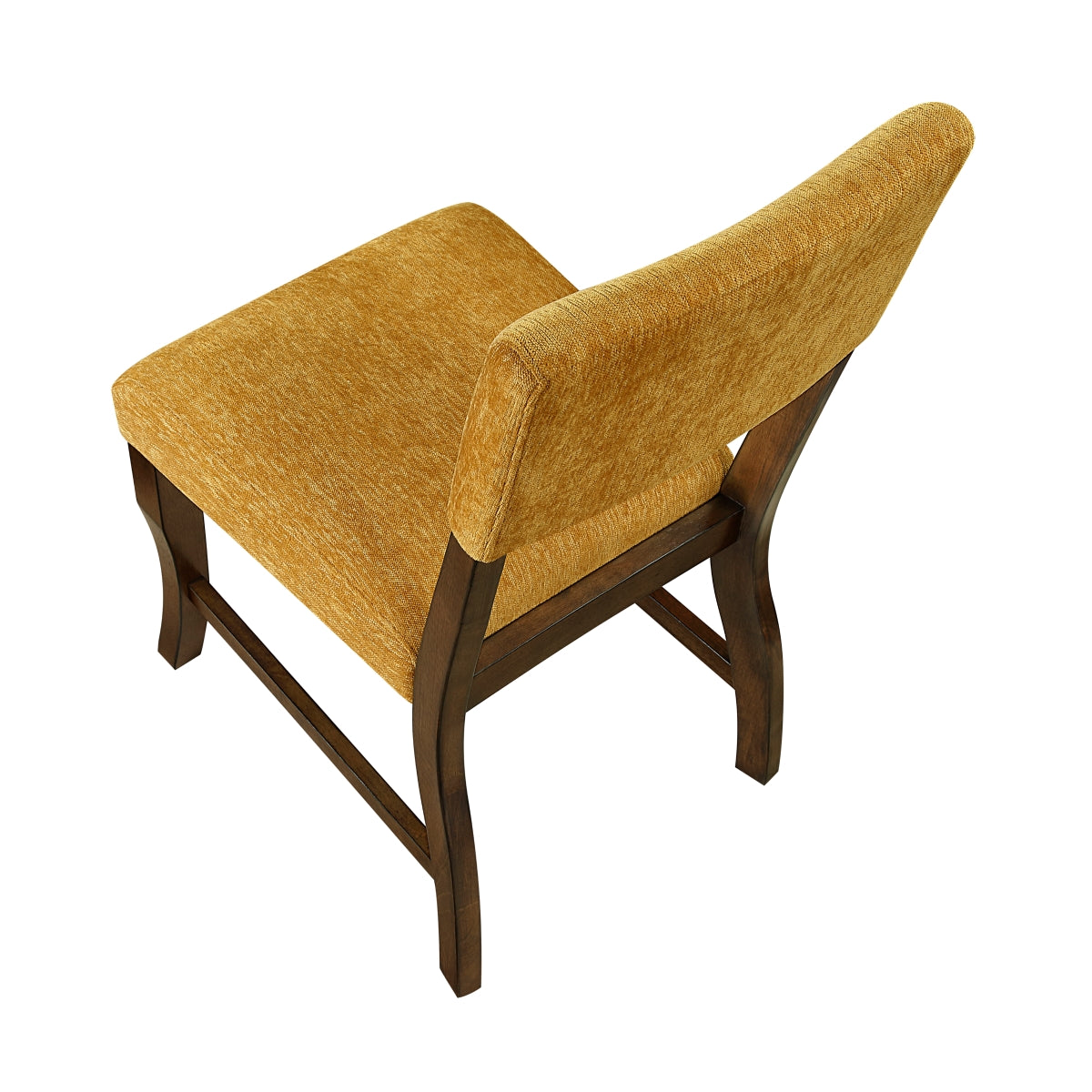 Pair of MAZ Aiden Collection mustard dining chairs with wooden legs, shown from the back with no background.