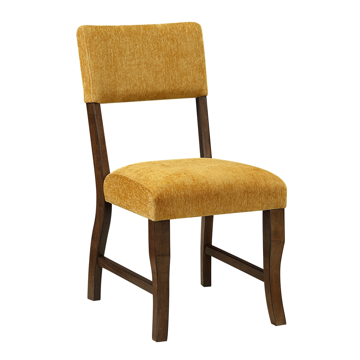 Set of two MAZ Aiden Collection mustard dining chairs with side view, featuring modern design and wooden legs.