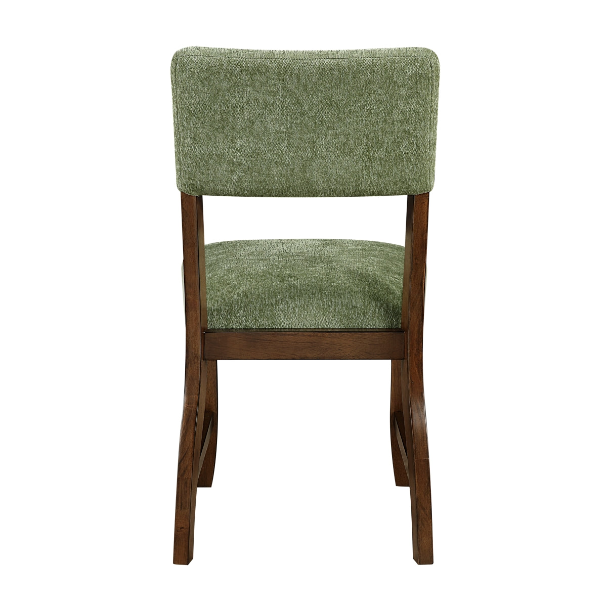 Set of two MAZ Aiden Collection olive dining chairs with wooden legs, shown from the back in a modern furniture style.