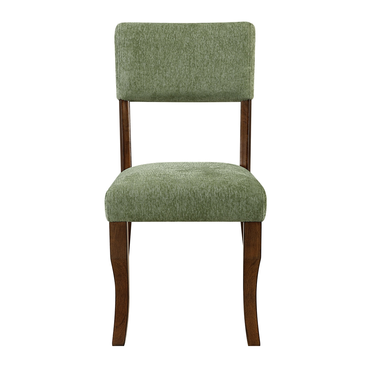 Pair of MAZ Aiden Collection Olive dining chairs with sleek wooden legs and upholstered seats, shown from the front.