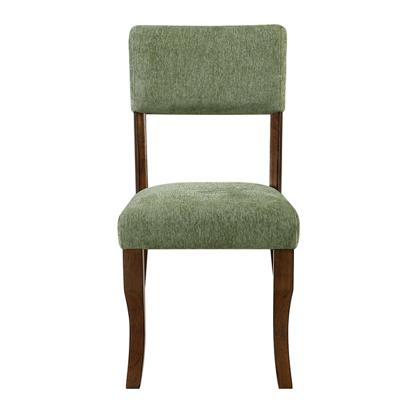 Pair of MAZ Aiden Collection Olive dining chairs with sleek wooden legs and upholstered seats, shown from the front.