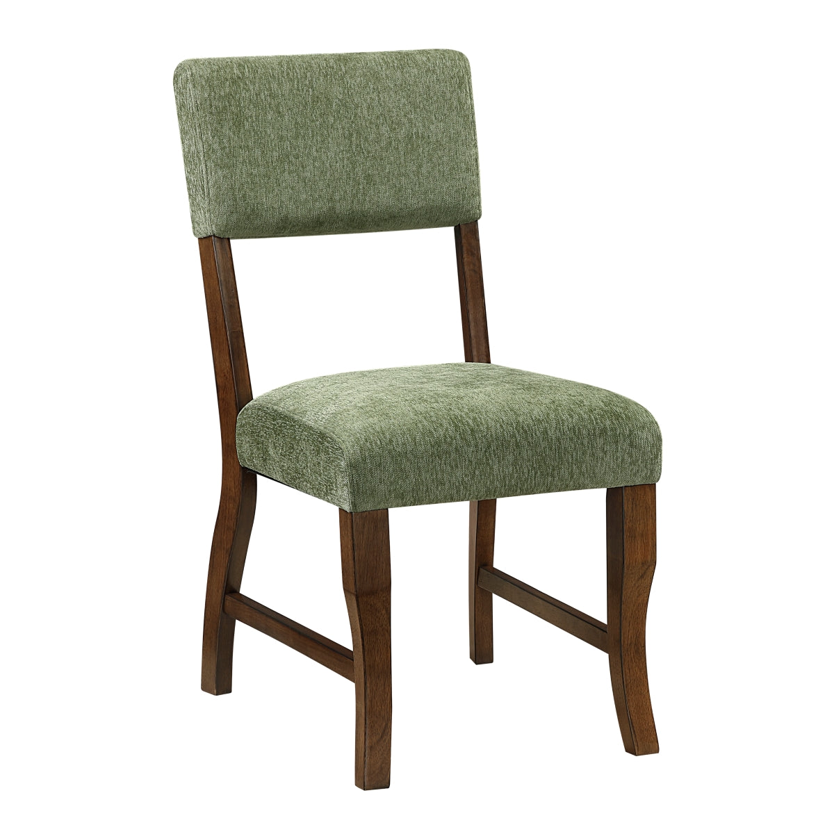Pair of MAZ Aiden Collection dining chairs in olive fabric, showing side view with wooden legs and modern design.