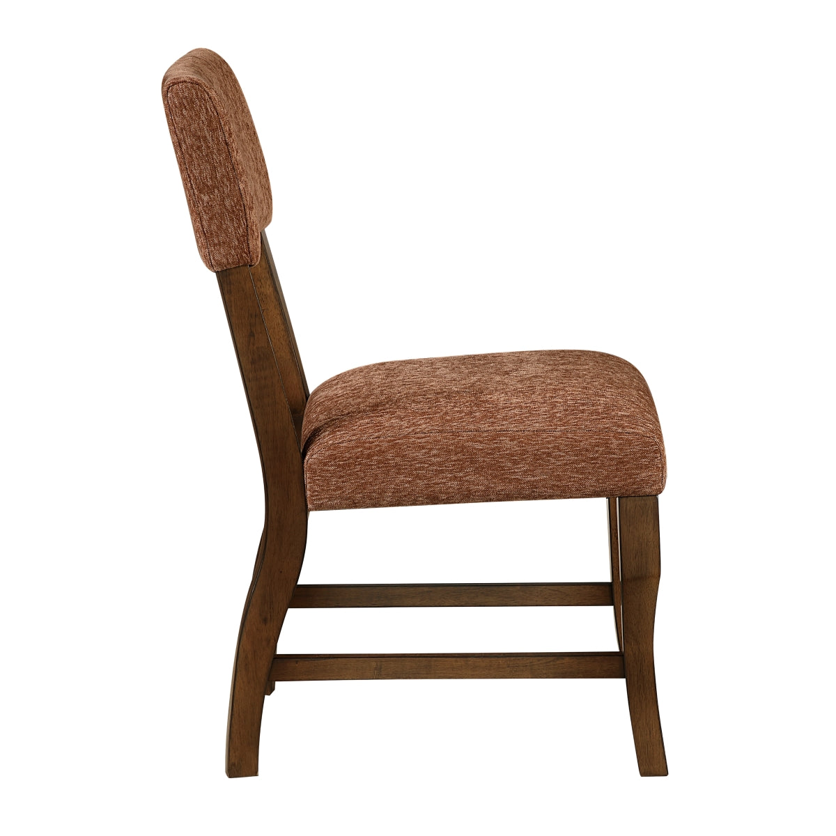 Set of two MAZ Aiden Collection dining chairs in rust color, side view showing sleek modern design and wooden legs.