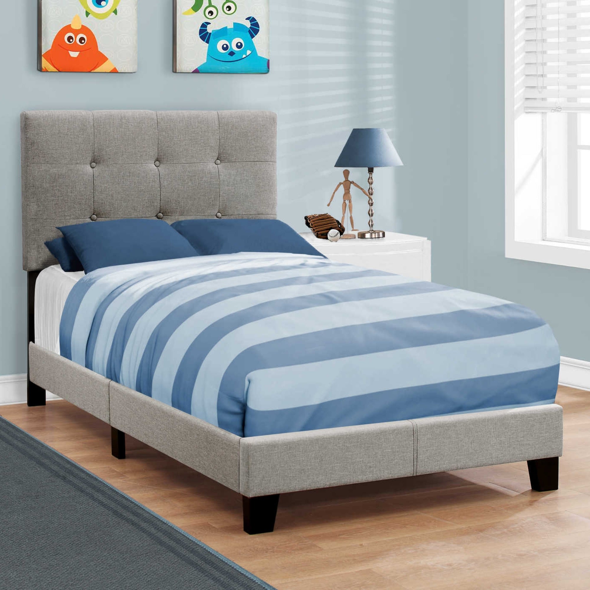 Linen Tufted Twin Bed in Grey