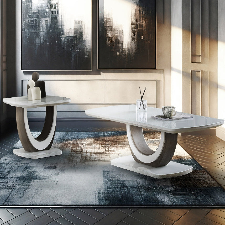 MAZ London 2-piece coffee and end table set with white glass surfaces, modern living room furniture, lifestyle shot