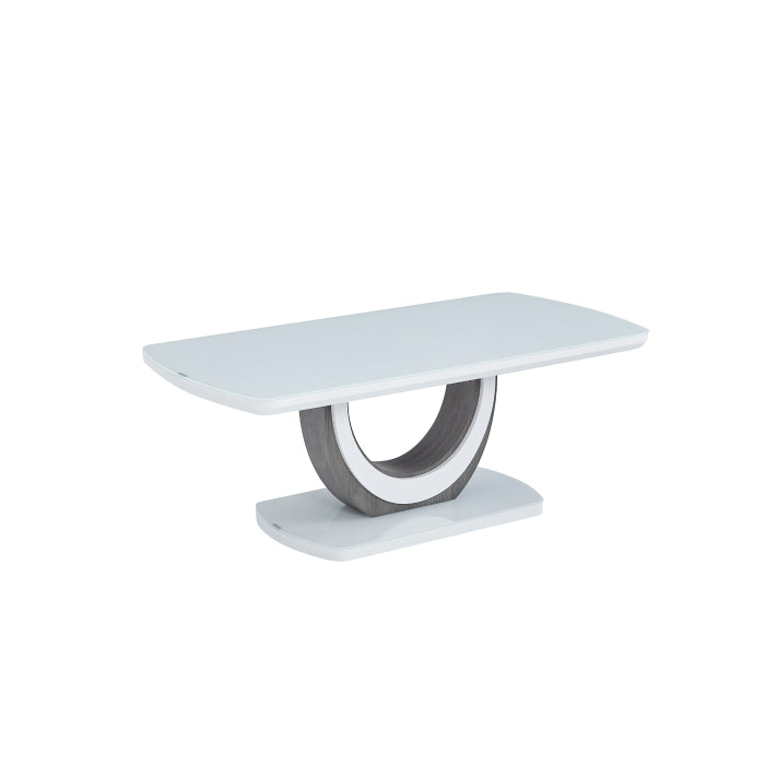 MAZ London 2-piece coffee and end table set in white glass, featuring modern design and sleek surfaces.