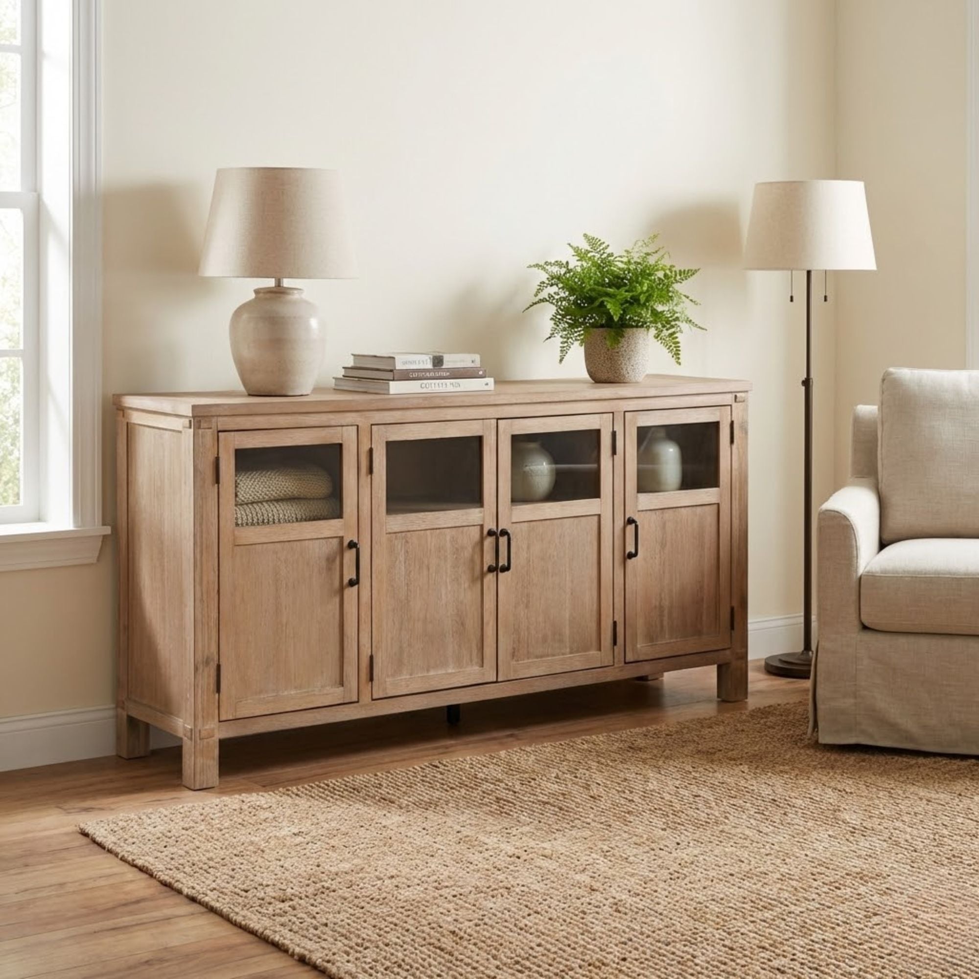 MAZ Aberdeen Collection dining room server with wood finish, featuring multiple storage compartments and a sleek design.