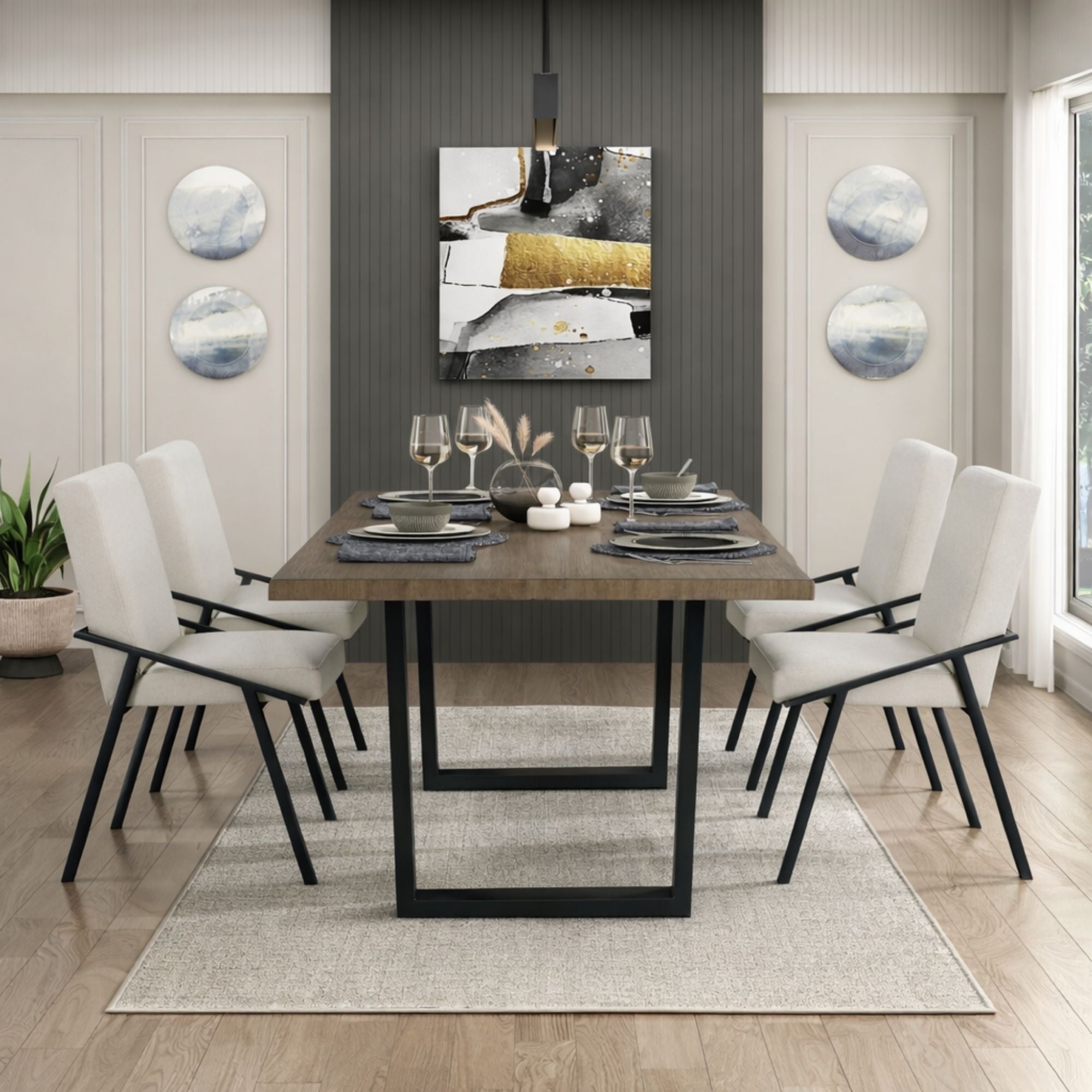 MAZ Rochelle Collection dining room set with a wooden table and matching chairs, modern design for elegant dining spaces.