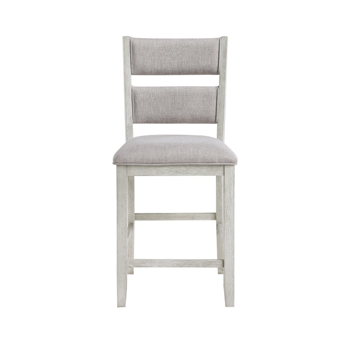 MAZ Mason Collection 6-piece counter height dining set with light grey finish, including chairs and table, front view.