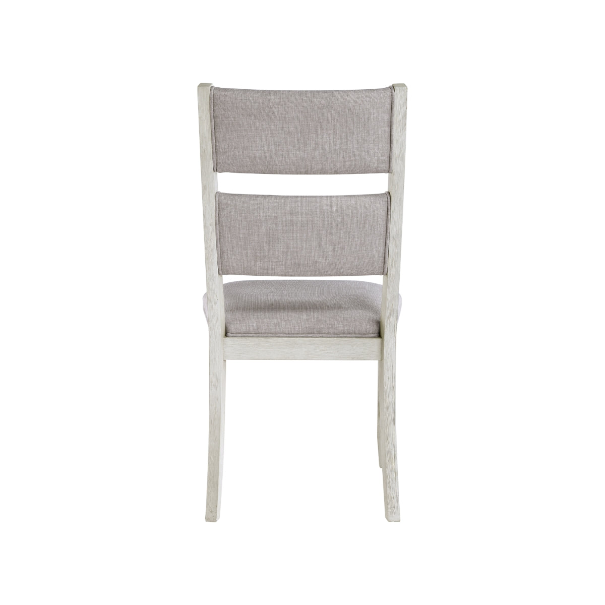 Back view of a light grey Mason Collection 7-piece dining room set with upholstered chairs, designed by MAZ.