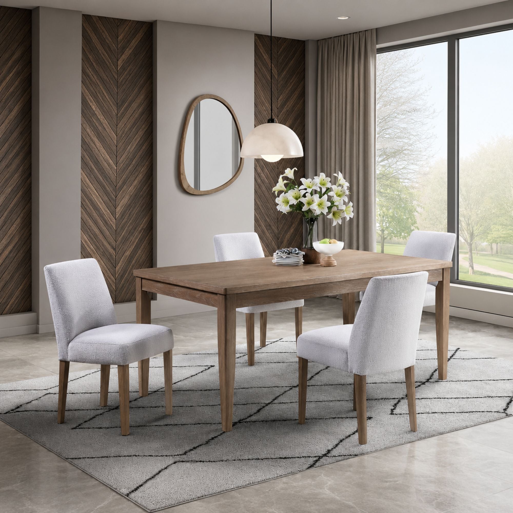 Light grey MAZ Bellwoods dining chair with wooden legs, showcasing a modern, comfortable design for dining rooms.