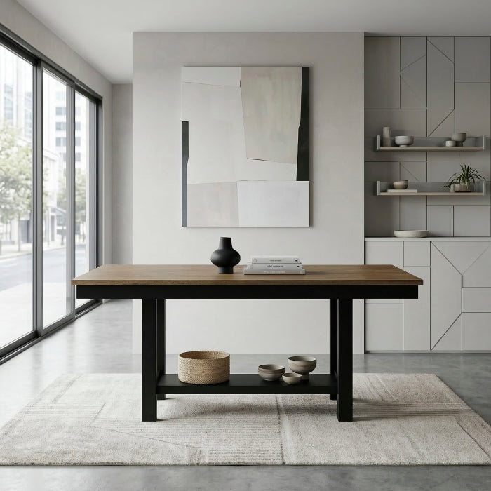 MAZ Tyler rectangular dining table with shelf base, featuring a wooden tabletop and modern design, ideal for dining rooms.