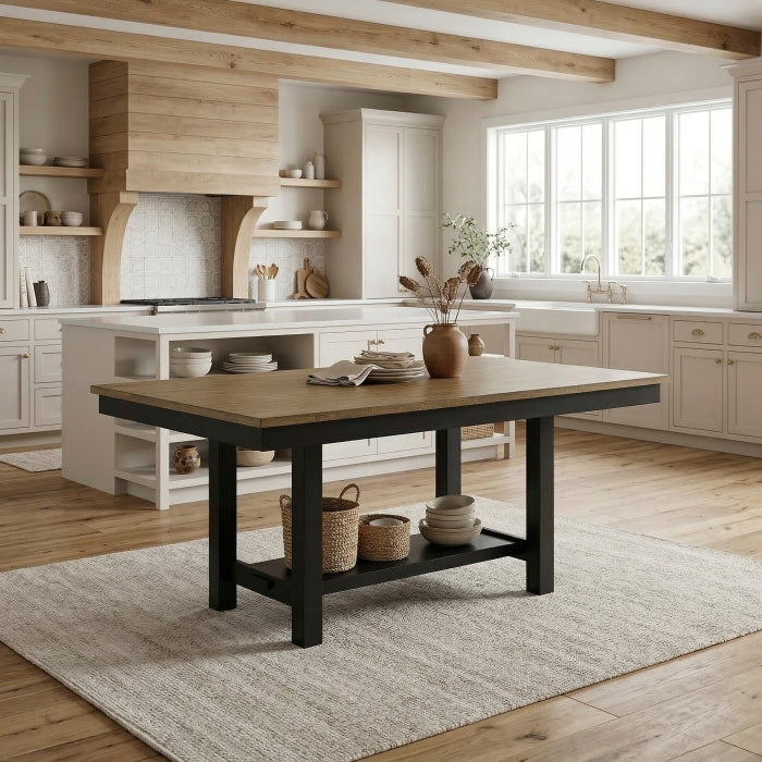 MAZ Tyler rectangular dining table with shelf base, showcasing a sleek wooden tabletop and modern design for dining rooms.