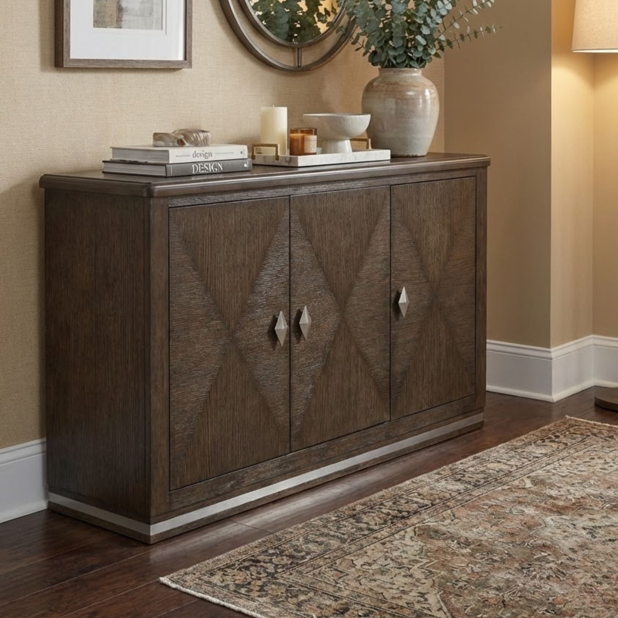 MAZ Clara Collection dining room server with wooden finish, featuring multiple drawers and cabinet doors for storage.