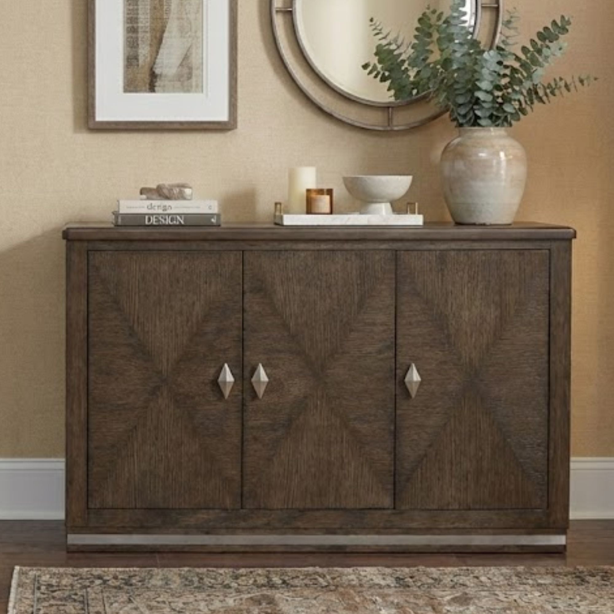 MAZ Clara Collection dining room server with wood finish, featuring multiple drawers and cabinet storage for elegant serving solutions.