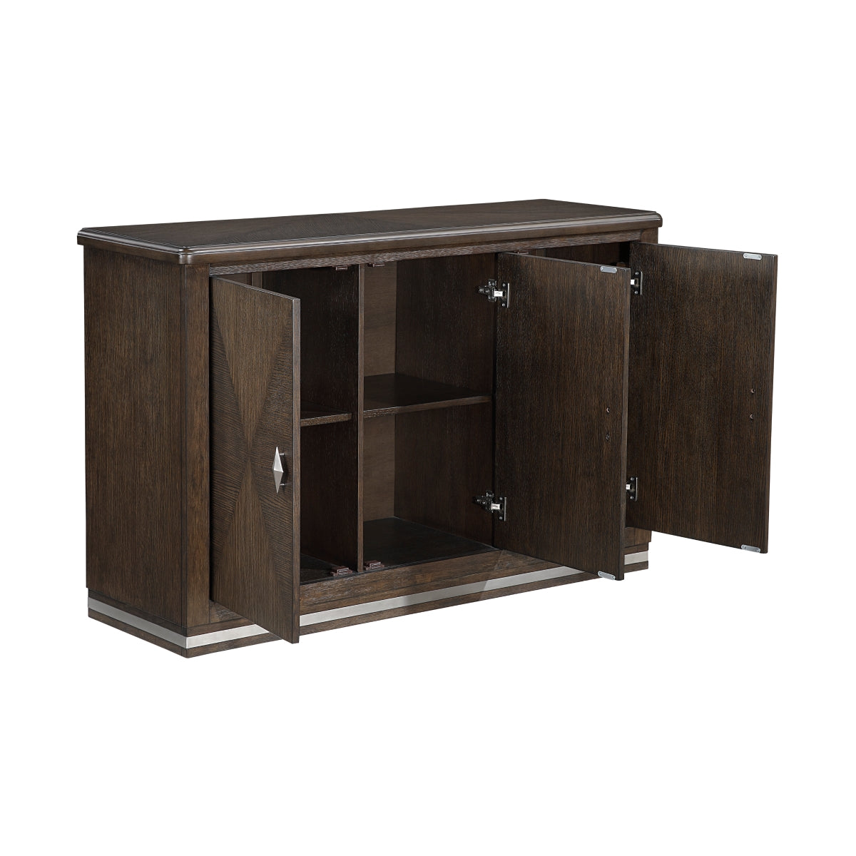 Open MAZ Clara Collection dining room server with multiple drawers and shelves, showcasing elegant wood finish and functional design.