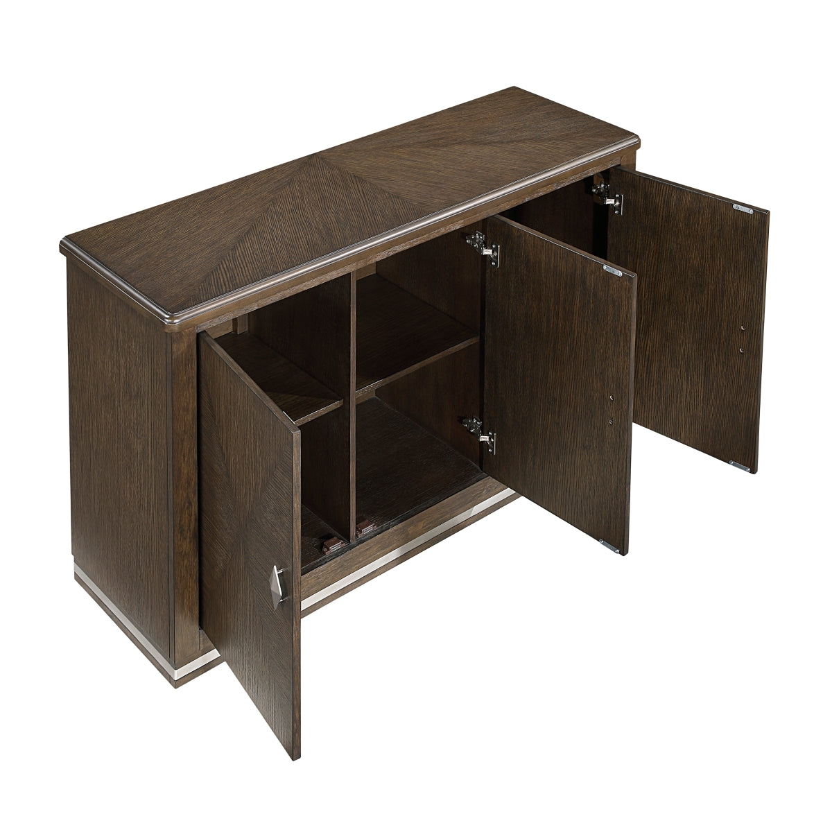 Open MAZ Clara Collection dining room server with storage drawers and shelves, showcasing elegant wood finish and classic design.