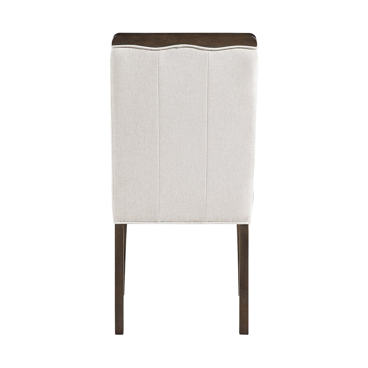 Set of two beige MAZ Clara side dining chairs with wooden legs, shown from the back.