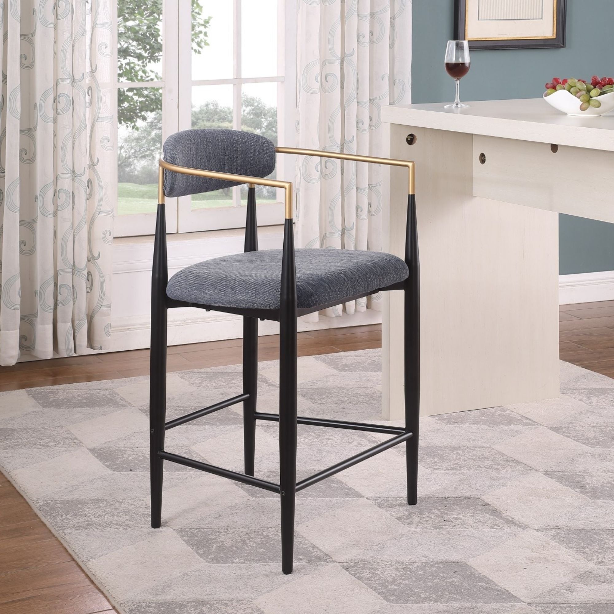 Set of two Brassex Mykos grey arm counter bar stools with sleek modern design and comfortable armrests.